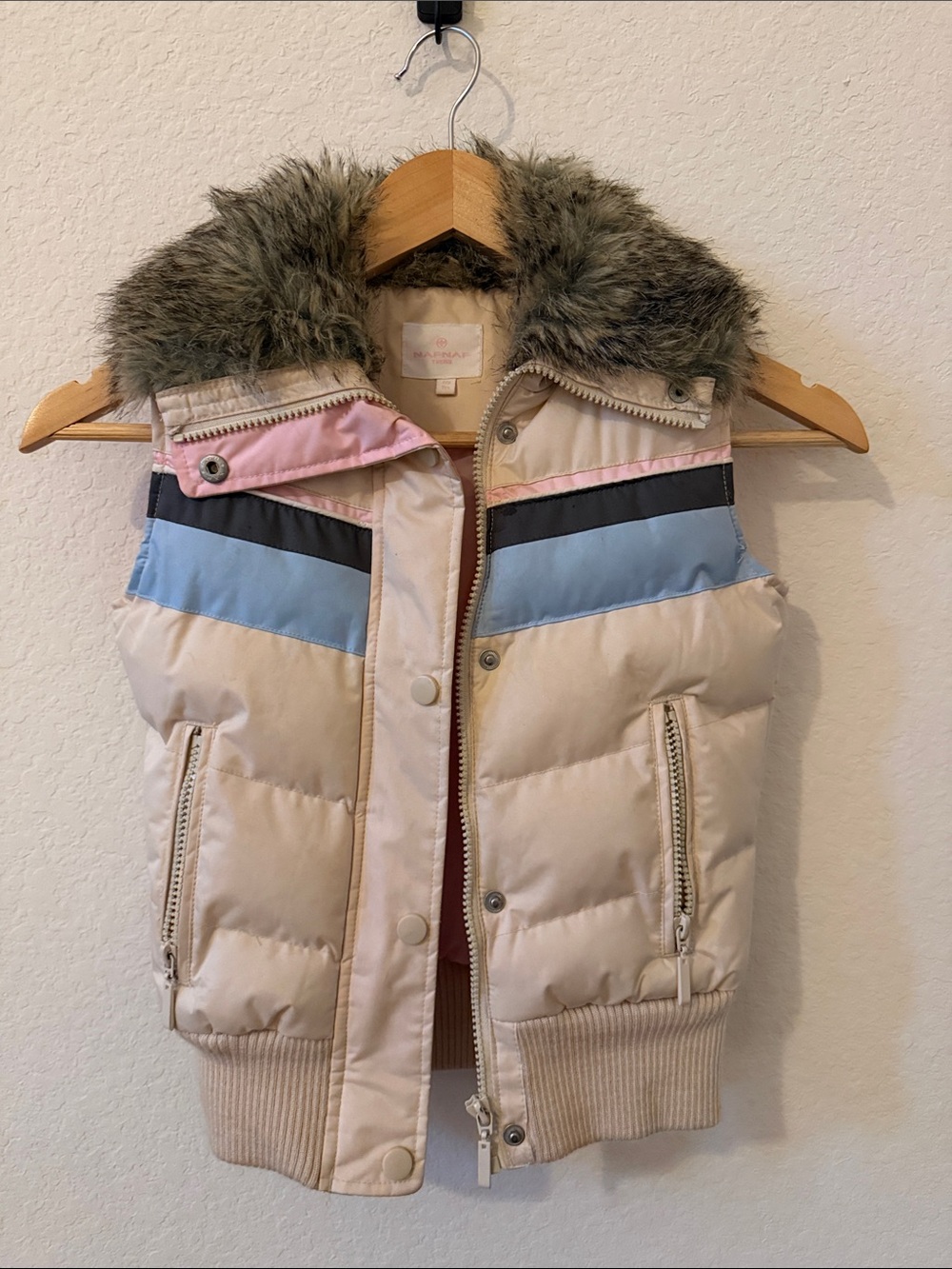 Naf Naf Vintage Y2K Kids Colorblock Puffer Vest Faux Fur 7/8Y